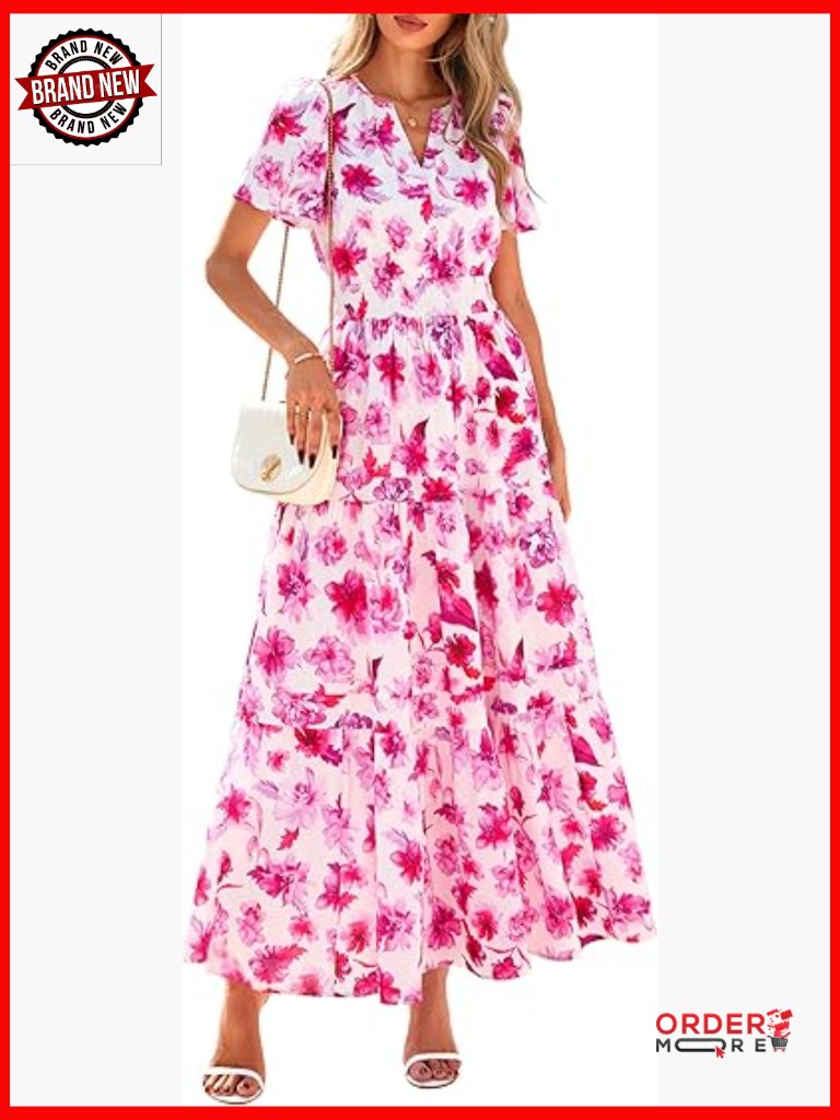 Boho Floral Maxi Dress With Pockets Elastic Waist Tiered